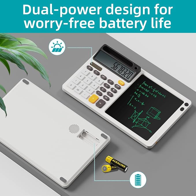 Solar Desk Calculator with 7.5 inc LCD Writing Membrane, 15° Tilt for Easy Reading, Integrated Phone Stand, Voice & Silent Modes, Anti-Slip Pads for Stability, Ideal for Office & Study Use