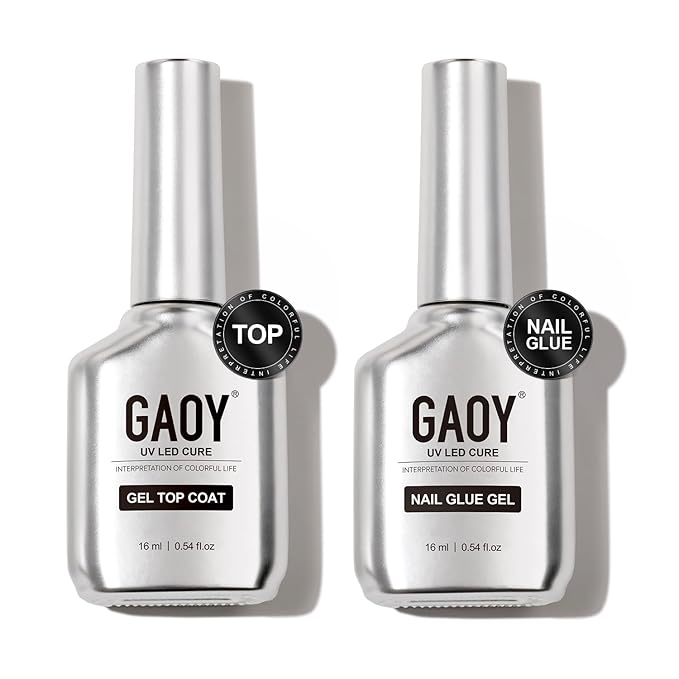 GAOY Gel Top Coat and Nail Glue Gel Set, 2 Pcs 16ml Clear Glossy No Wipe Combination for UV Light Cure