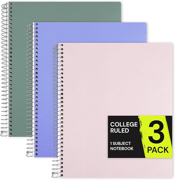 ONAVIA 1 Subject Spiral Notebook College Ruled 3 Pack, 200 Pages | 100 Sheets, 9 x 11 in, Waterproof Plastic Cover, Durable, 3-Hole Punched, Divider, Double-Sided Pocket, Study