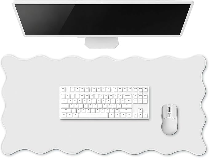 Hahafelt Scalloped Desk Mat Waterproof,White,31.5 X 15.8 Inches | Coquette Preppy Style for School Office Makeup Vanity, Nonslip Gaming Desktop Protector with Scalloped Stitched Edge Mat