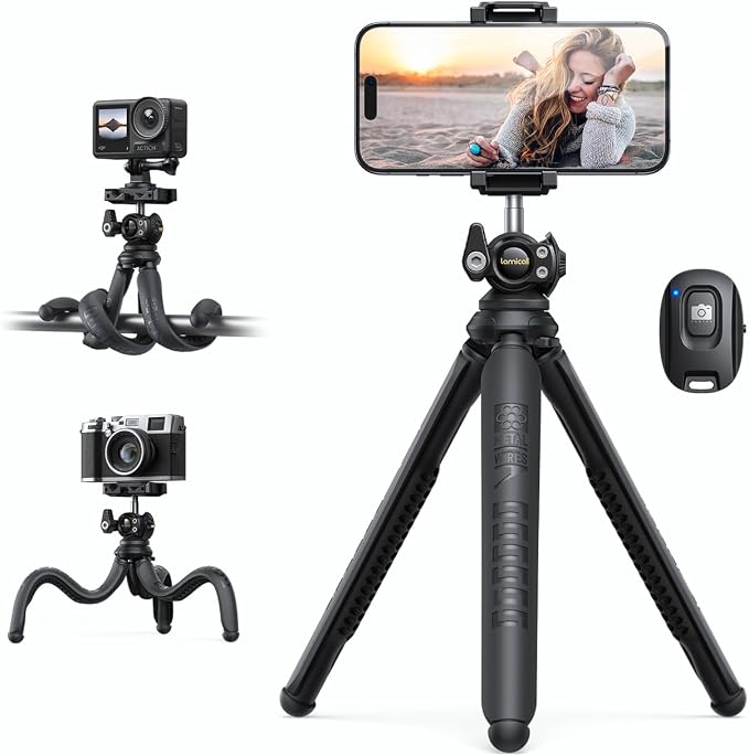 Lamicall Tripod for iPhone with Wireless Remote 8-Strand Aluminum Core | Flexible Silicone Legs, Heavy-Duty Phone Stand with 1/4'' Screw & Cold Shoe for iPhone Pocket 3/4 Samsung GoPro DSLR Camera