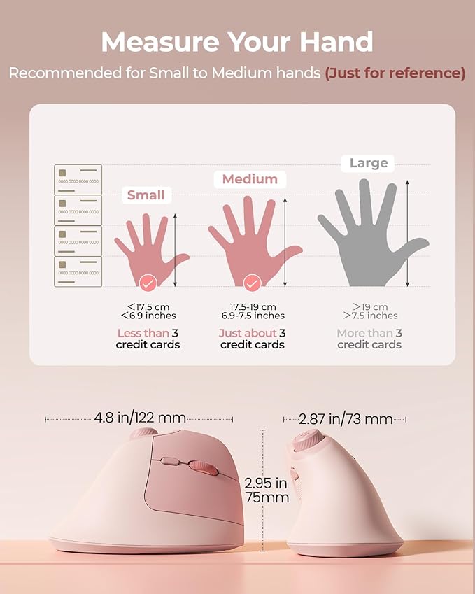 seenda Ergonomic Mouse Wireless, MOU-302 Bluetooth Vertical Mouse Rechargeable, Optical Mice with 1000/1600/2400 DPI, Volume Knob, 3 Multi-Device Connectivity for Computer/PC/Laptop/Mac, Pink