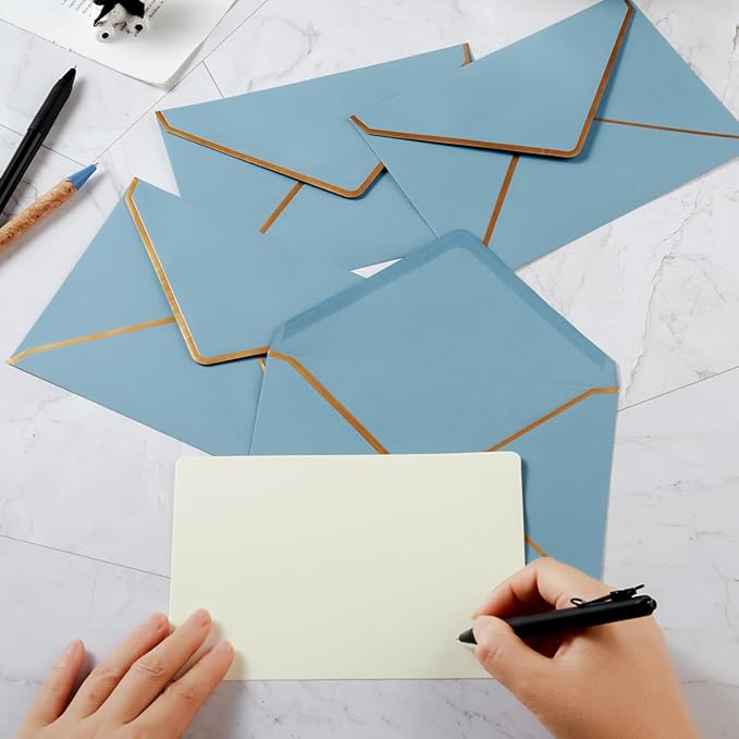 50 Pieces A7 Envelopes with Gold Border, 5.24 x 7.21 Inches Envelopes with Gold Stickers for Greeting Cards and Invitation (Dusty-Blue, A7-5x7)