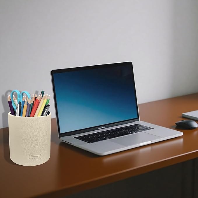 Leather Pen Holder, Beige Pencil Holder, Desktop Elegant Pen Holder for Desk, Stationery Organizer for School Office Home Dorm