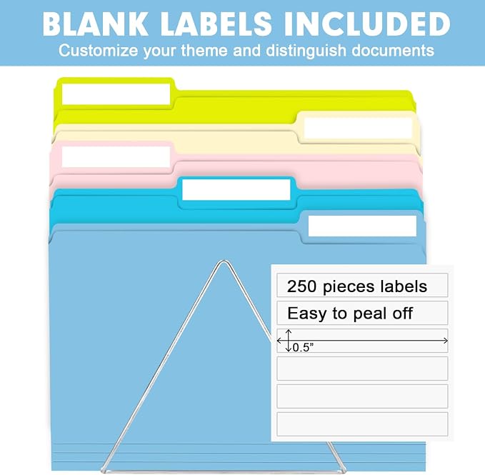 File Folder, RAZCC 250 Pack Colored File Folders, 1/3 Cut Tab File Folder Letter Size, Filing Folders with Tabs for Office School Business Use, Assorted 10 Colors