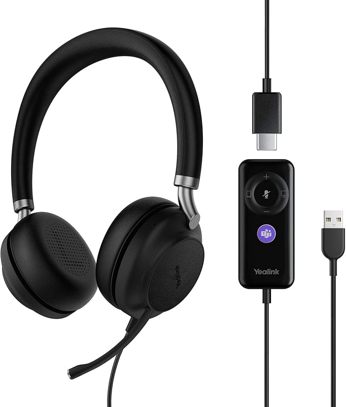 Yealink UH38 USB-A Wired & Bluetooth Headset,Teams Certified,Inline Control | Computer Stereo Headphones, Noise Cancelling Microphone,PC/Laptop/Mac/Tablet/Cell Phone, Call Center, Office, Busylight