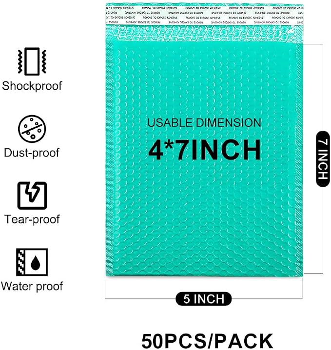 Koja Extra Thick Padded Bubble Mailers, 4x8 in, 50-Pack, Green | Usable interior size 4x7 in. Self-seal closure for secure packaging. Ideal for shipping and small business mailing.