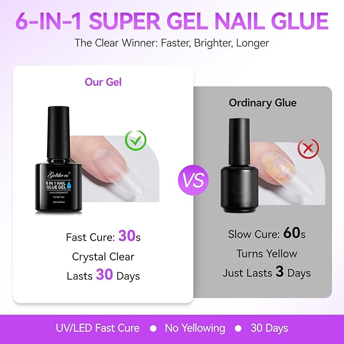 Gelike EC UV Gel Nail Glue for Press On Nails: 6 in 1 Strong UV Nail Glue for Nail Tips and Acrylic Fake Nail - Long Lasting 28 Days Quick Dry - Beginner Friendly DIY for Home Salon