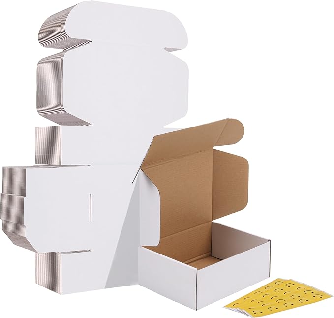 HORLIMER 8x6x3 inches Shipping Boxes Set of 25, White Corrugated Cardboard Box Literature Mailer, 25 Stickers Included