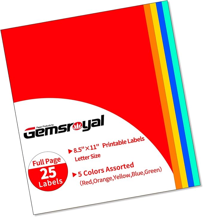 Colored Full Sheet Shipping Labels Printable,8.5"×11" Full Page,5 Colors Assorted(Red,Orange,Yellow,Blue,Green),Color Neon Label Sticker Paper for Printer,Coloful Large Stickers Labels ﻿