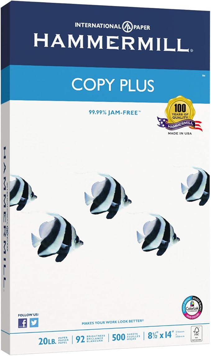 Hammermill 105015 Copy Plus Copy Paper, 92 Brightness, 20lb, 8-1/2 x 14, White, 500 Sheets/Ream