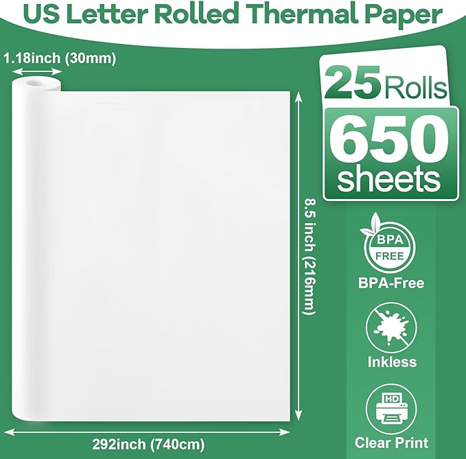 25 Rolls Thermal Printer Paper 8.5"x11" US Letter Size, BPA free Quick-Dry Thermal Paper,Thermal Printing Paper Rolls Compatible Most Portable Printers(About 650 Sheets)