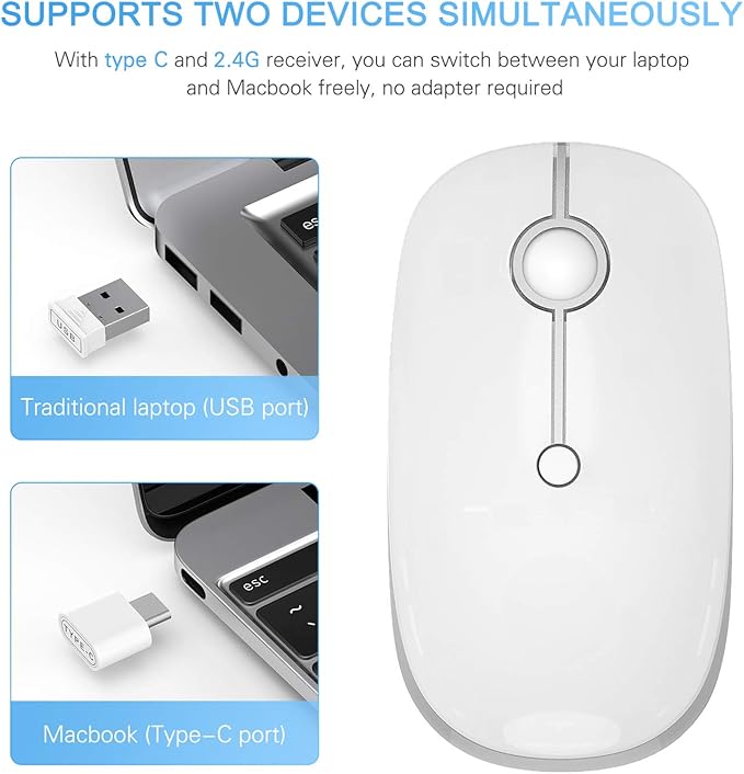 VssoPlor Type C Wireless Mouse, Dual Mode 2.4G Wireless Mouse USB C Cordless Mice with Nano USB and Type C Receiver Compatible with PC, Laptop, MacBook and All Type C Devices-White Silver