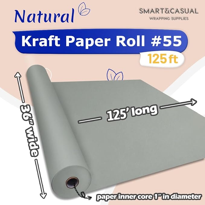 SMART&CASUAL 36" x 1,500" (125') Light Grey Kraft Craft Paper Roll for Gift Wrapping Bulletin Board Bouquet Flower Kids Art Packing Parcel Table Covering 80GSM 55LB (Light Grey, 36" x 125')