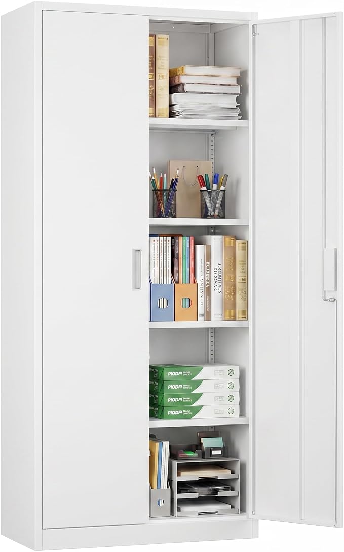 71-Inch White Metal Storage Cabinet with Locking Doors | Four adjustable shelves organize tools, files, pantry supplies, and office items in a tall freestanding cabinet.