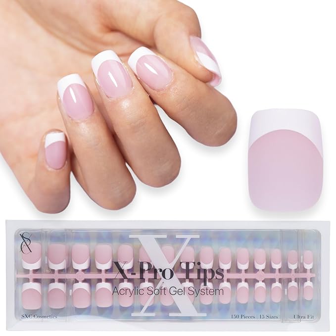 SXC Cosmetics French Tip Press On Nails Pink Extra Short Square 150 Pieces in 15 Sizes Ultra Fit with Pre-applied Tip Primer and Base Coat, No Need to File Fake Nails for Nail Art DIY X-Pro Tips