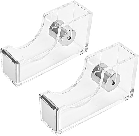 2-Piece Acrylic Office Tape Dispenser, Transparent Tape Dispenser Kit with Non-Slip Rubber Bace, 1 Inch Core Morden Accessory for Stylish Desk at Home, School, Office-Silver