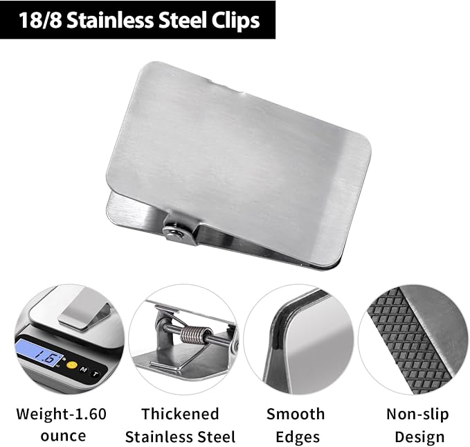 BURLIHOME Stainless Steel Chip Clips,2.48" Heavy Duty Clip,5 Pcs + 1 Pcs | Smooth Surface for Marker Labels, Upright Display, Office/Kitchen/School Organization, Strong Grip for Paper/Food Bag/Photos