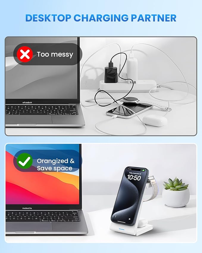 Wireless Charger Magnetic for Apple Devices - JoyGeek 3 in 1 Foldable Charging Station for Magsafe Compatible with iPhone 16 15 14 13 12 Pro Max Plus, Apple Watch 10 9 8 7 6 5 4 SE, AirPods 4/3/2/Pro