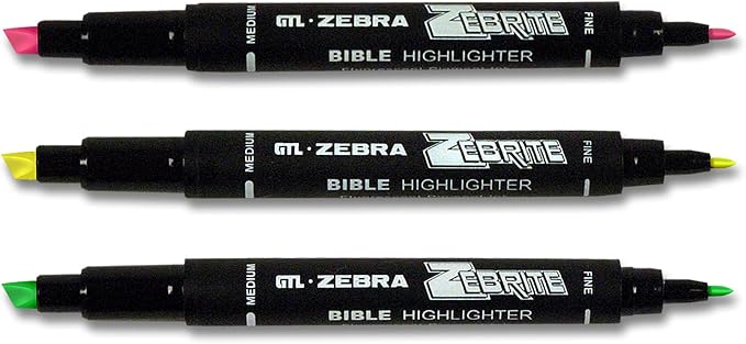 G.T. Luscombe Company, Inc. Zebrite Double Ended Bible Highlighter Set | No Bleed Pigmented Ink | No Fading or Smearing | Double Ended for Highlighting & Underlining | Green, Yellow, Pink (Set of 3)