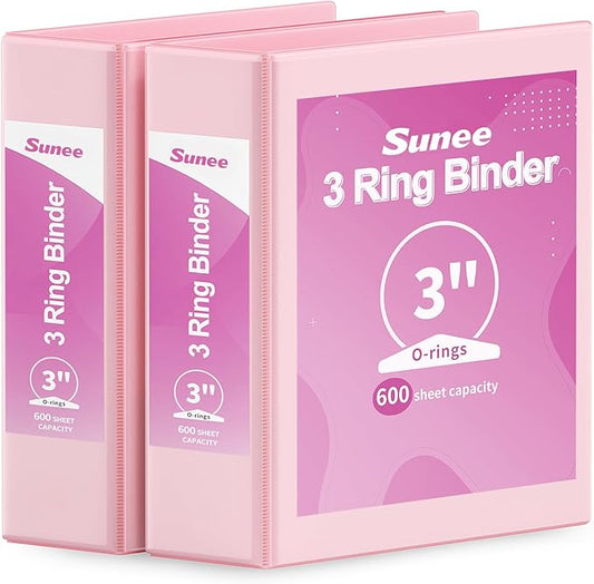 SUNEE 3 Ring Binder 3 Inch 2 Pack, Clear View Binder Three Ring PVC-Free (Fit 8.5x11 Inches) for School or Office Supplies, Pink