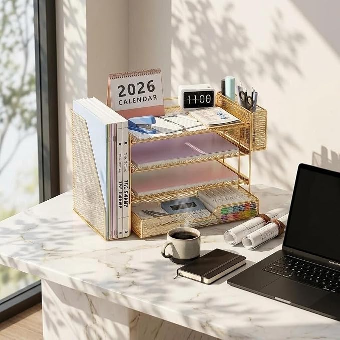 Desk Organizers and Accessories, 4-Tier Desktop File Organizer with Drawer and Pen Holders, Office Desk Accessories Workspace Organizers for Office Supplies (Gold)