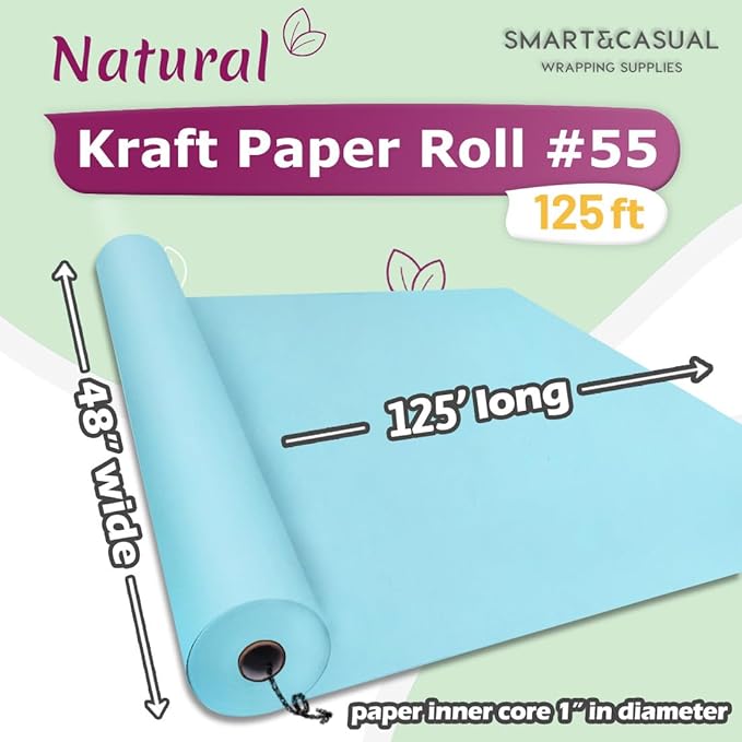 SMART&CASUAL 48" x 1,500" (125') Light Blue Kraft Craft Paper Roll for Gift Wrapping Bulletin Board Bouquet Flower Kids Art Packing Parcel Table Covering 80GSM 55LB (Light Blue, 48" x 125')