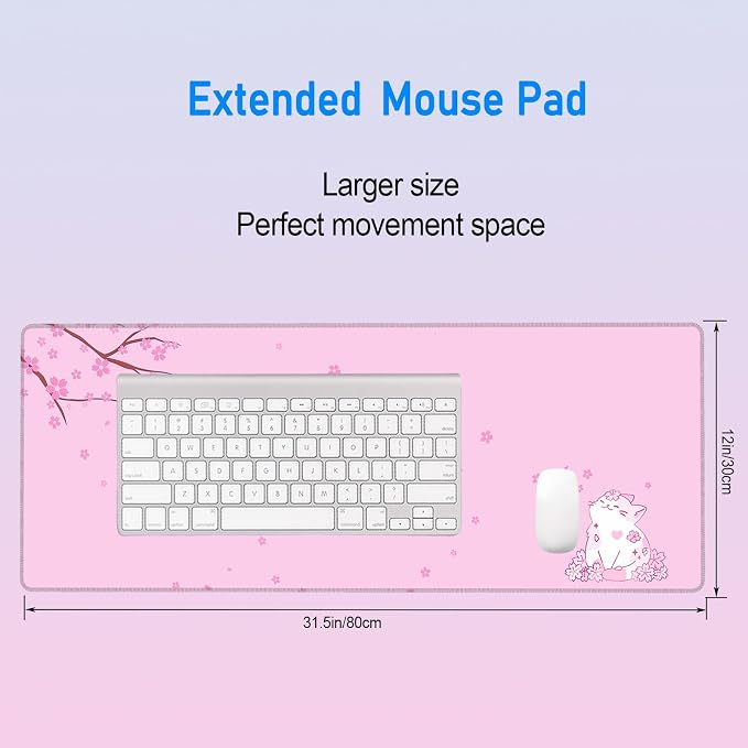 Pink Cute Anime Desk Mat,Cherry Blossom Cat Girly Mousepad,31.5x12in | XL Large Japanese Gaming Mouse Pad for Women Girls,Pastel Sakura Aesthetic Office Desk Decor Keyboard Mat,80x30 cm