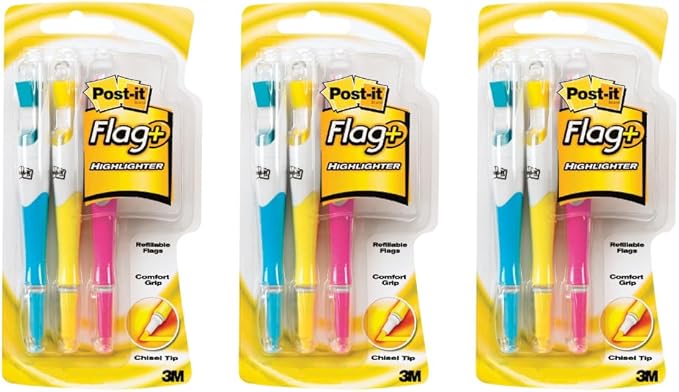 Post-it Flags + Highlighter 3 Pack, 50 Color Coordinated Flags/Highlighter, Yellow, Pink, Blue (689-HL3) - 3 Pack, 9 total count