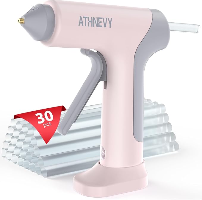 Cordless Hot Glue Gun, 10s Fast Preheat, 30PCS Mini Glue Sticks 7x100mm, 4V 20W Type-C Rechargeable, Anti-Drip, Auto-Off, for DIY Crafts, Repair, Decoration (Light pink)