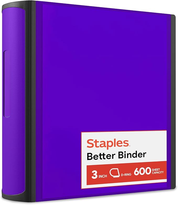 Staples Better 3-Inch D-Ring Binder, Purple – Heavy-Duty 3-Ring Binder for School & Office Storage