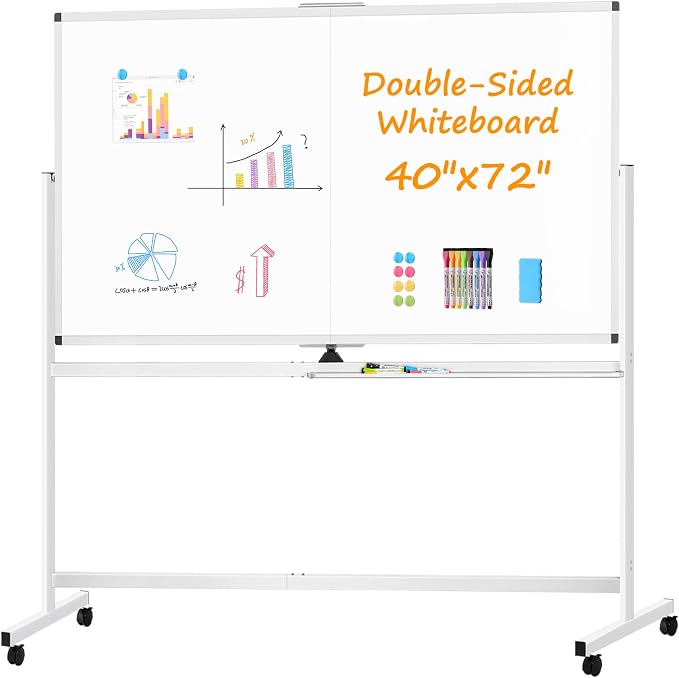 Rolling White Board on Wheels, 72" x 40" Dry Erase Whiteboard with Stand | Double-Sided Reversible, 6 x 3.33 ft, Standing Magnetic Whiteboard, Giant Mobile Board, Portable for Office School