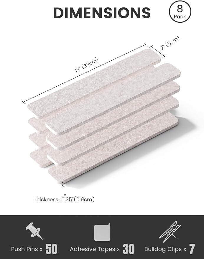 Fluxynara 13" x 2" Felt Wall Panels, Oatmeal | 8-Pack Includes 50 Push Pins and Adhesive Tabs for Photos, Notes and Decor in Bedroom Doors, Home Office or Studios