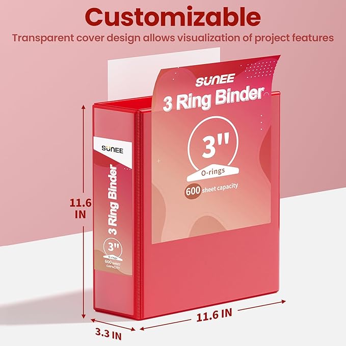 SUNEE 3 Inch Binders 3 Ring 4 Pack, 3" Large Classic 4-Color Binder Set (8.5x11 Inches) for Office, School or Home Supplies