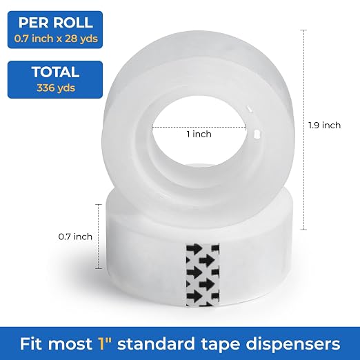 M&G 12 Rolls Clear Tape, Transparent Tape Refills, 1 inch Core for Gift Wrapping, Home, School Office Supplies, 0.7inch, 28 Yards
