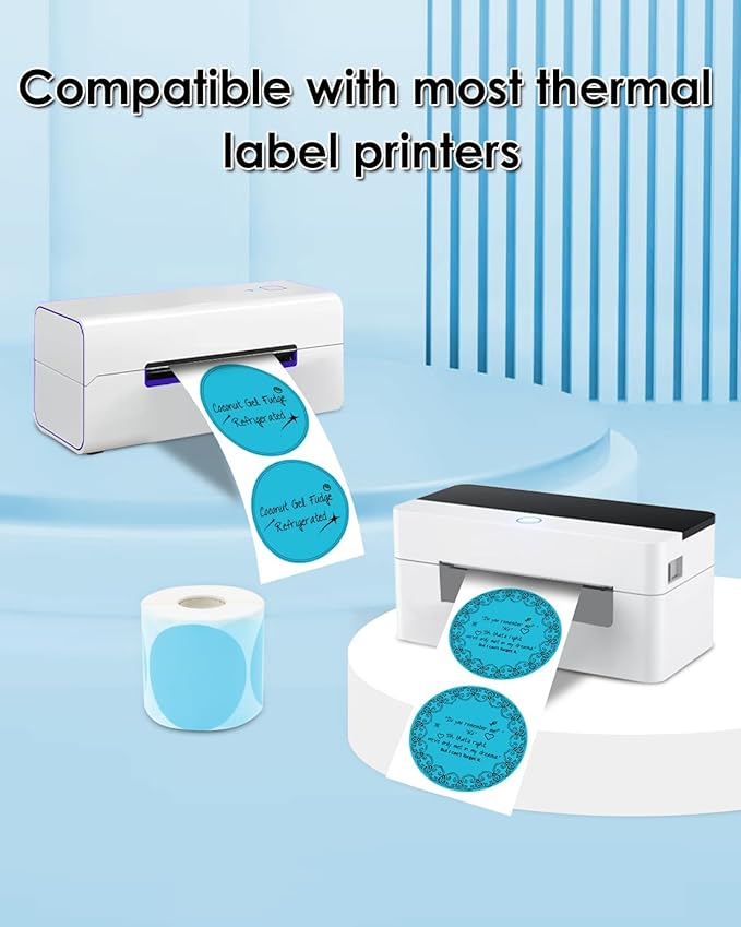 2 Inch (50.8mm x 50.8mm) Round Thermal Sticker Labels, Self-Adhesive Circle Direct Thermal Label, Multi-Purpose Roll Sticker for DIY Logo Design, QR Code, Name Tag, Roll of 500 Labels, Blue