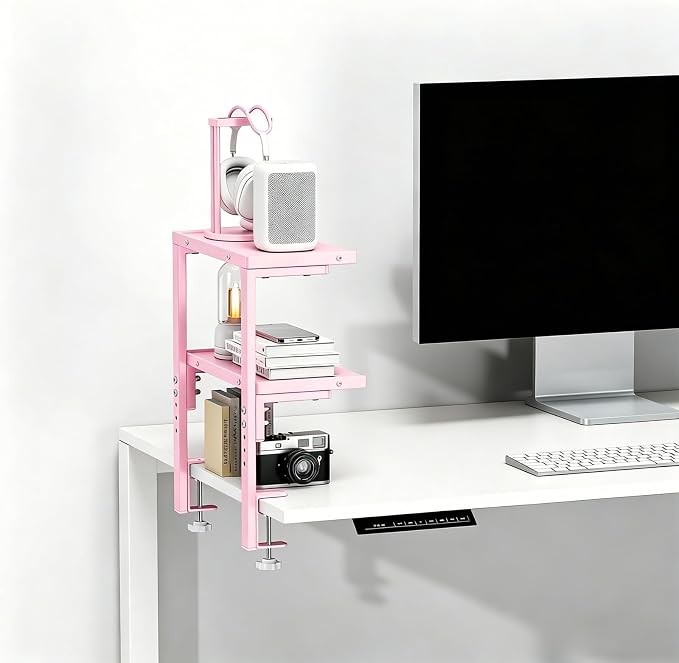 Spacrea Clamp on Desk Shelf, 2 Tier Office Desk Shelves Organizer, Wood Desktop Supplies Storage Rack, Desk Organizers and Accessories (Pink)