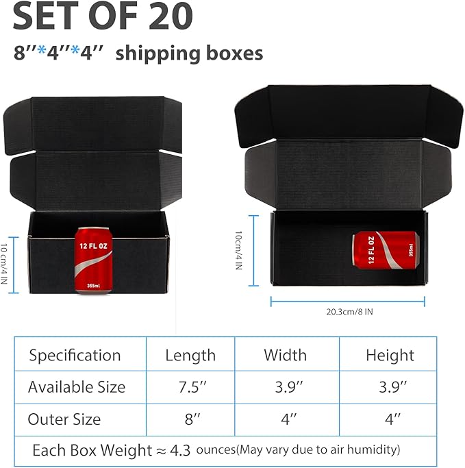 Small Shipping Boxes 8x4x4 Inches – Black Corrugated Cardboard Boxes (20-Pack) for Mailing, Packing, Small Business & Gift Packaging - Recyclable & Sturdy