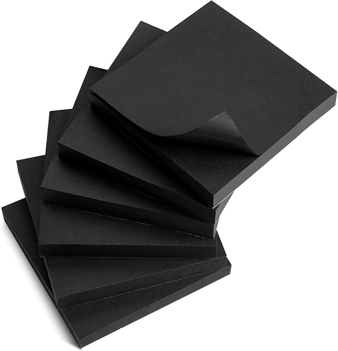 Black Sticky Notes 3x3 in,100 Sheets/6 Pads for Office, School, Home | Widen the Adhesive Area,Super Self-Stick Notes,600 Sheets Aesthetic Sticky Pads