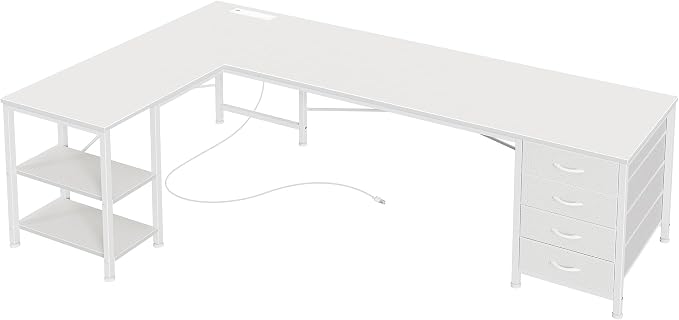 Huuger 63 Inch L Shaped Desk with Fabric Drawers, Reversible Computer Gaming Desk with Power Outlets and USB-C Port, Adjustable Side Storage Shelves, for Work Study Corner Home Office, White