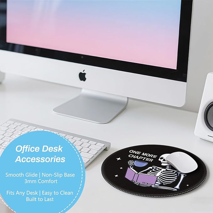 Gctriki Funny Skull Mouse Pad, 8.6" Round Mousepad with Stitched Edge & Non-Slip Base, Comfortable Mouse Pads for Computer Laptop, Unique Office Decor & Home Desk Accessories Book Lovers Gothic Humor