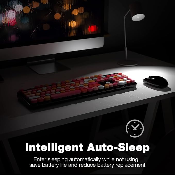 KNOWSQT Wireless Keyboard and Mouse Combo, Black Colorful Retro 2.4GHz Typewriter Keyboard with Cute Round Keycaps, DPI Adjustable Optical Wireless Mouse Compatible with PC Laptop