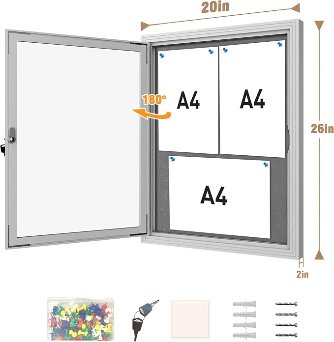 Mifuro 26"x20" Enclosed Bulletin Board, Outdoor Lockable Weather-Resistant Aluminum Cork Noticeboard for School & Office, Silver Frame w/Grey Flet
