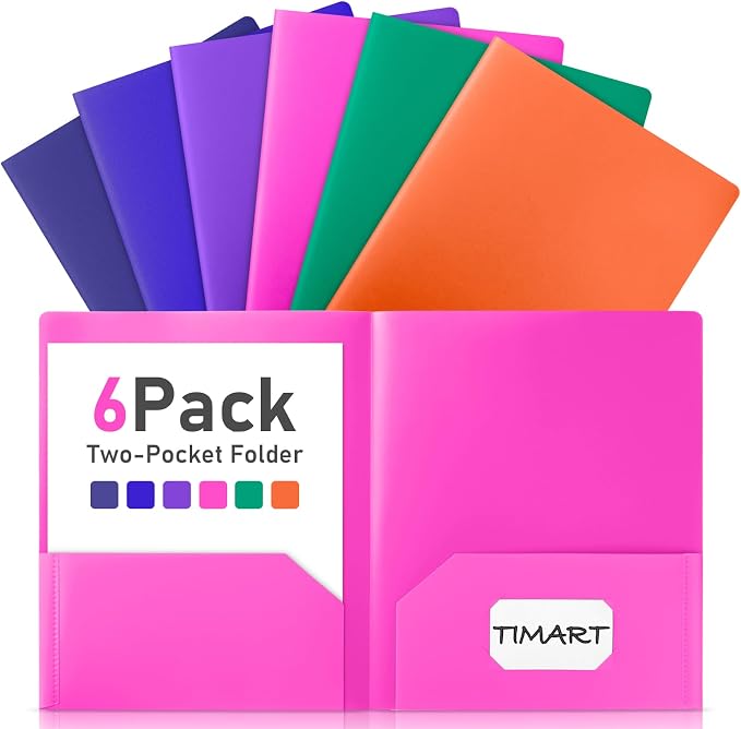Timart Folders with Pockets-6 Pack, 2 Pocket Folders | Heavy Duty Plastic, Fit Letter Size Paper, Water and Tear-resistant, Colored Folders for School Office Home Bussiness