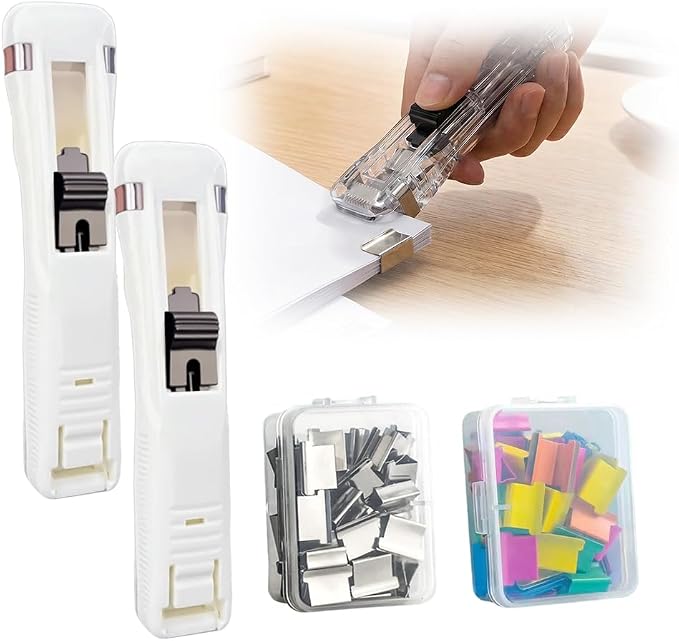 Portable Binder Clip Stapler, 2026 New Portable Office Tool, Durable Desk Organizer for Study Room, 100 Metal Refill Clips (50 Silver + 50 Color) for Home (2, White)