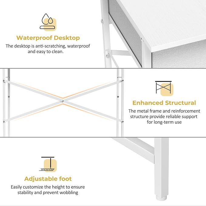 Small Writing Desk for Kids Bedroom, 31.5 Inch White Computer Desk for Small Spaces, Simple Desk with 2 Fabric Drawers for Home Office, Dorm, Living Room, Home Study Table, White