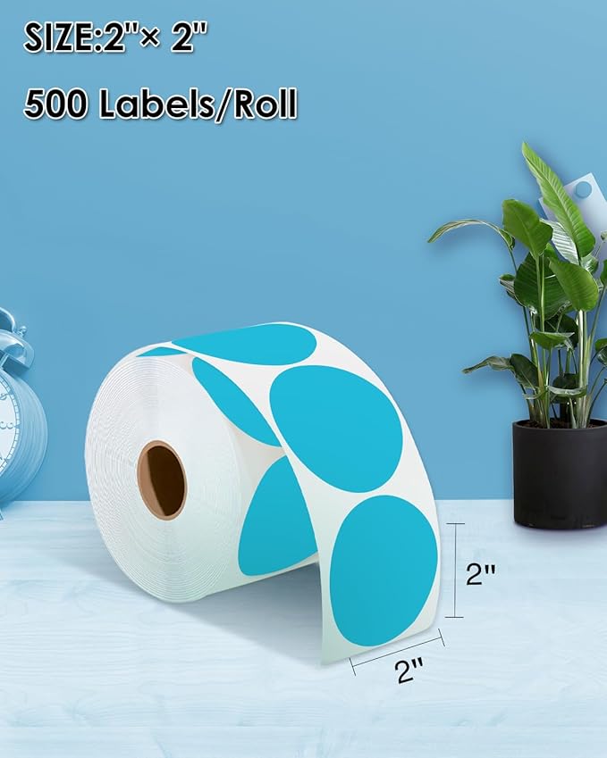 2 Inch (50.8mm x 50.8mm) Round Thermal Sticker Labels, Self-Adhesive Circle Direct Thermal Label, Multi-Purpose Roll Sticker for DIY Logo Design, QR Code, Name Tag, Roll of 500 Labels, Blue