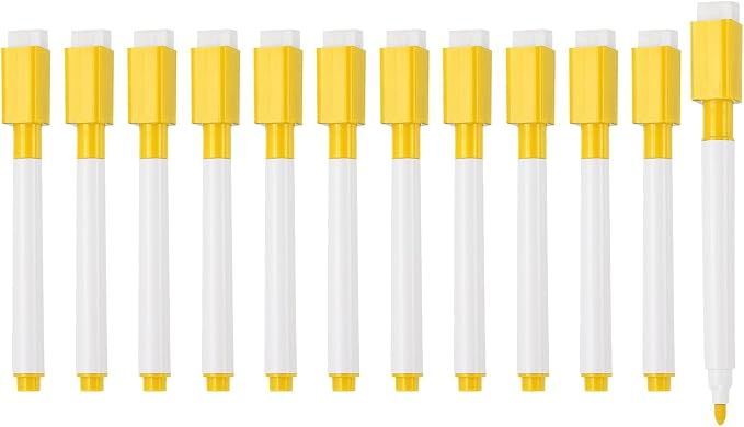 PATIKIL Whiteboard Pen, Fine Tip Dry Erase Yellow White Board Markers with Eraser Whiteboard Calendar Supplies for Classroom Office, 12 Pcs, 0.5-1mm Tip