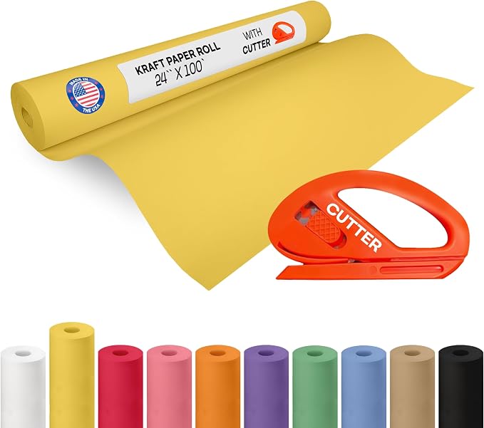 Yellow Kraft Paper Roll 24" x 1200" (100 feet) with Cutter - USA-Made Gift Wrapping Paper for Packing, Moving, Shipping & Crafts/Arts - 100% Recyclable Natural Craft Material by IDL Packaging | Gift Wrapping Paper for Packing, Moving, Shipping & Crafts...