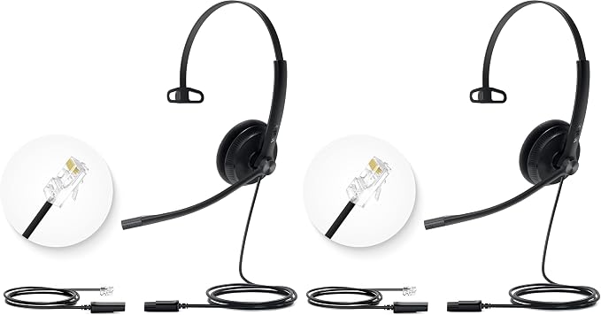 Yealink Phone Headsets for Office Phones YHS34 Lite QD to RJ9 Wired Headset Compatible with Poly Snom Grandstream Phones Desk Landline Headset with Microphone -Mono/68g/2.1m Cable (Pack of 2)